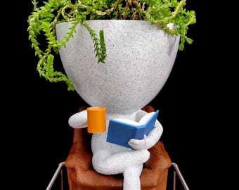 People Coffee and Book Planter  | Relaxed Pose Drinking Coffee Succulent Planter | Coffee Lovers gift idea | Coffee Table Decoration