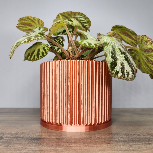 Sleek Modern Ribbed Planter Pot with Optional Drip Tray In Shiny Copper Color