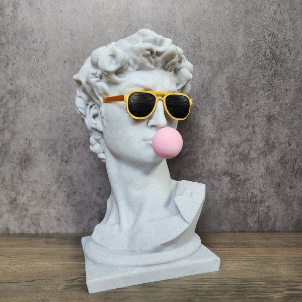 Michelangelo's David Bust with custom color glasses & Gum  |  David with gum | Pop Art Sculpture