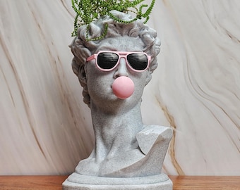 Planter Version of Michelangelo's David Bust with custom color glasses & Gum  |  David with gum | Pop Art