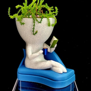 Book and Coffee Person Planter: Lounging Plant Pot with Optional Chaise Drip Tray