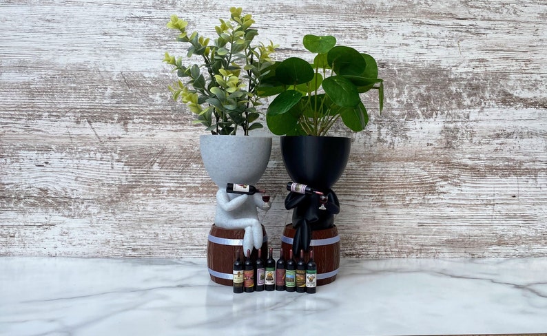 Little People Wine Planter With Optional Barrel drip tray Relaxed Pose Drinking Wine Succulent Planter Wine Lovers gift idea image 2