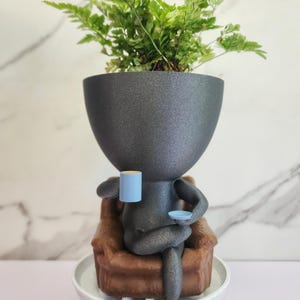 Coffee Planter with Saucer Tray  | Relaxed Pose Drinking Coffee Succulent Planter | Coffee Lovers gift idea | Tea Lovers gift Idea