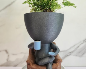 Coffee Planter with Saucer Tray  | Relaxed Pose Drinking Coffee Succulent Planter | Coffee Lovers gift idea | Tea Lovers gift Idea