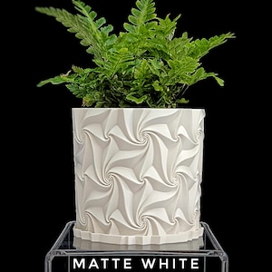 May include: A matte white cylindrical planter featuring a repeating geometric spiral pattern on its exterior surface. A vibrant green fern plant is potted inside the container. The base of the planter rests on a clear stand with the text MATTE WHITE.