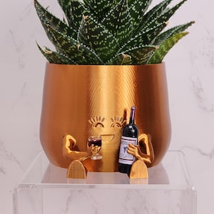 May include: A gold-colored planter with a smiling face design, holding a miniature wine bottle and a glass of wine. The planter contains a green succulent plant. The planter is sitting on a clear acrylic shelf.