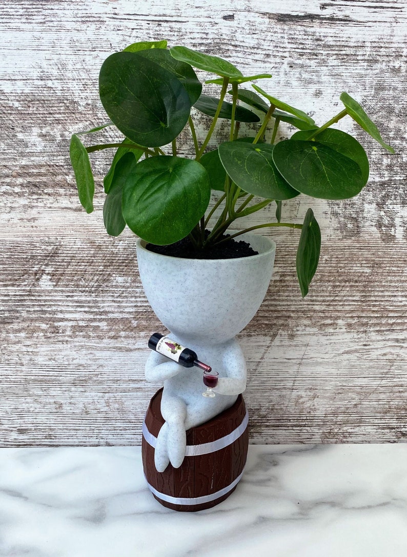 Little People Wine Planter With Optional Barrel drip tray Relaxed Pose Drinking Wine Succulent Planter Wine Lovers gift idea image 1