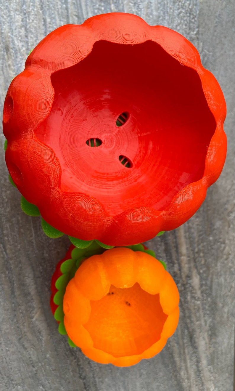 Peut inclure: Deux pots en plastique en forme de poivrons. Le plus grand pot est rouge et le plus petit est orange. Les deux pots ont un trou au fond pour le drainage.