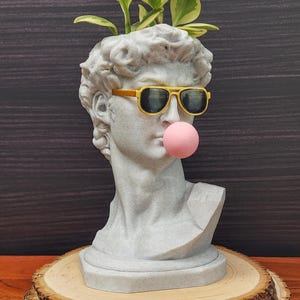 Versione fioriera del busto del David di Michelangelo con vetri colorati personalizzati e gomma / David con gomma / Pop Art