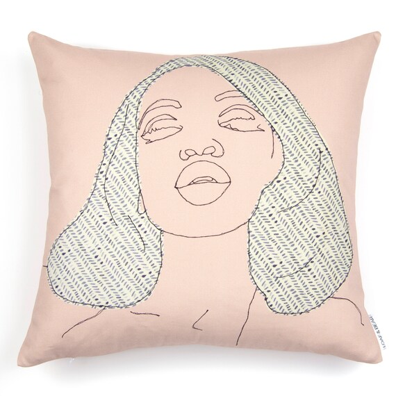 Fierce Woman Face Cushion in Pink Cotton