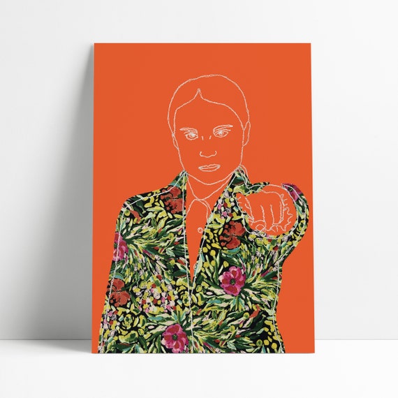 Greta Thunberg Art Print | A5 or A4 | Bright Orange | Embroidered Art | Plants Fabric