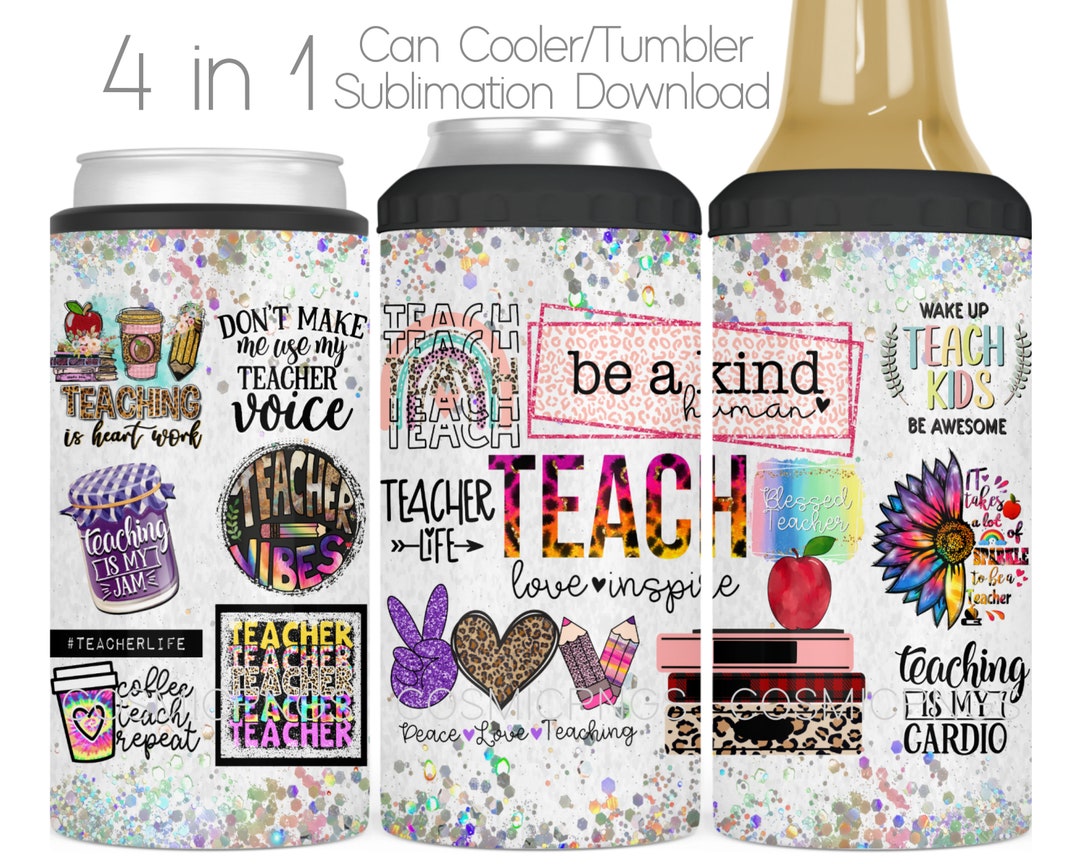 Teacher 4 in 1 Can Cooler Sublimation Wrap PNG Glitter Teacher Cooler ...
