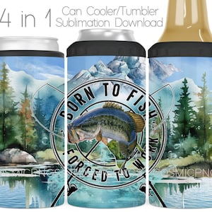 Pêche 4 en 1 glacière sublimation Wrap PNG pêcheur peut isotherme Tumbler tasse Wrap Design Téléchargement numérique Born to Fish forcé de travailler