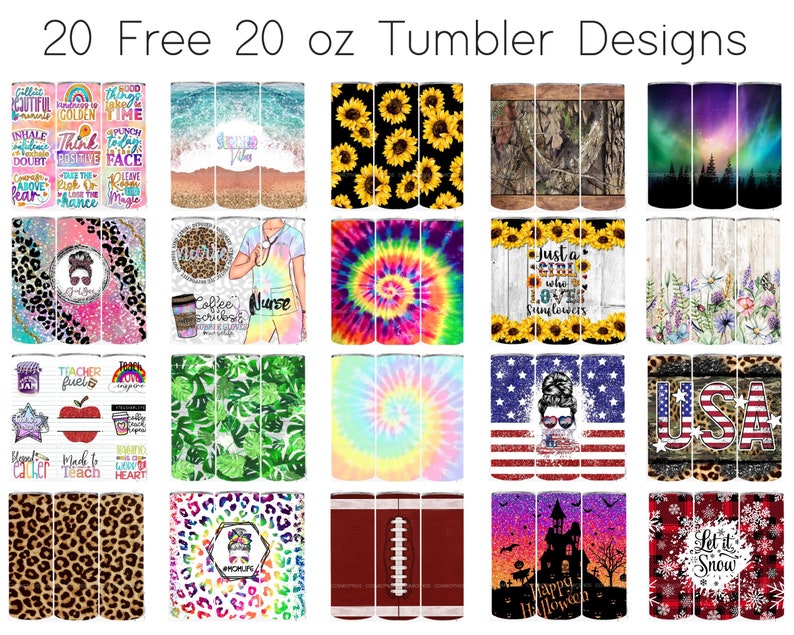 Pu&ograve; includere: Una collezione di venti design di bicchieri da 20 once. I design includono girasoli, tie-dye, camouflage e temi patriottici. Altri design presentano testo come "Just a girl who loves sunflowers" e "Let it Snow."