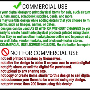 May include: A black and white graphic with text detailing commercial use guidelines. The top section, marked with a green checkmark, outlines permitted uses for digital designs, including printing on various items. The bottom section, marked with a red circle and slash, lists prohibited uses.