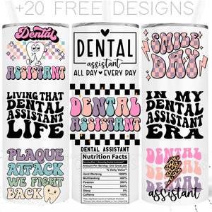 Envoltório de copo retrô para assistente odontológico de 20 onças PNG Design engraçado de sublimação para download digital para presentes de assistente odontológico