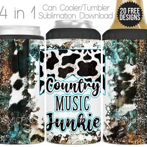 Western 4 en 1 canette isotherme Wrap Design PNG - Turquoise et vache impression gobelet sublimation Wrap - musique country tasse Wrap téléchargement numérique