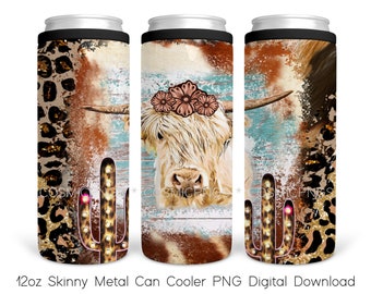 Highland cow 12oz Digital Download Metal Skinny Can Cooler Template PNG Western 12oz Slim Can Cooler Full Wrap Sublimation Design