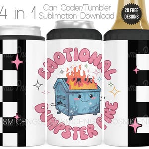Lustige 4 in 1 Dose Kühler Sublimation Wrap Design PNG Niedlicher Retro sarkastischer Kühler Becher Tasse Digitaler Download Emotionaler Müllcontainer Feuer Design