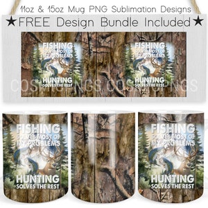 Plantilla de taza de 11 oz y 15 oz con diseño de camuflaje y sublimación PNG, diseño de taza con prensa para envolver, cita sobre pesca y caza