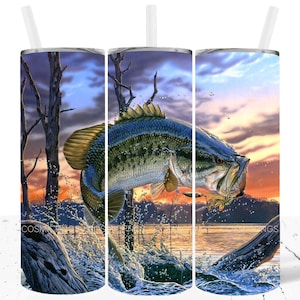 Vaso de pescado realista de 20 oz, diseño de pesca delgado, sublimación, diseño de pescador escénico, descarga png para uso comercial