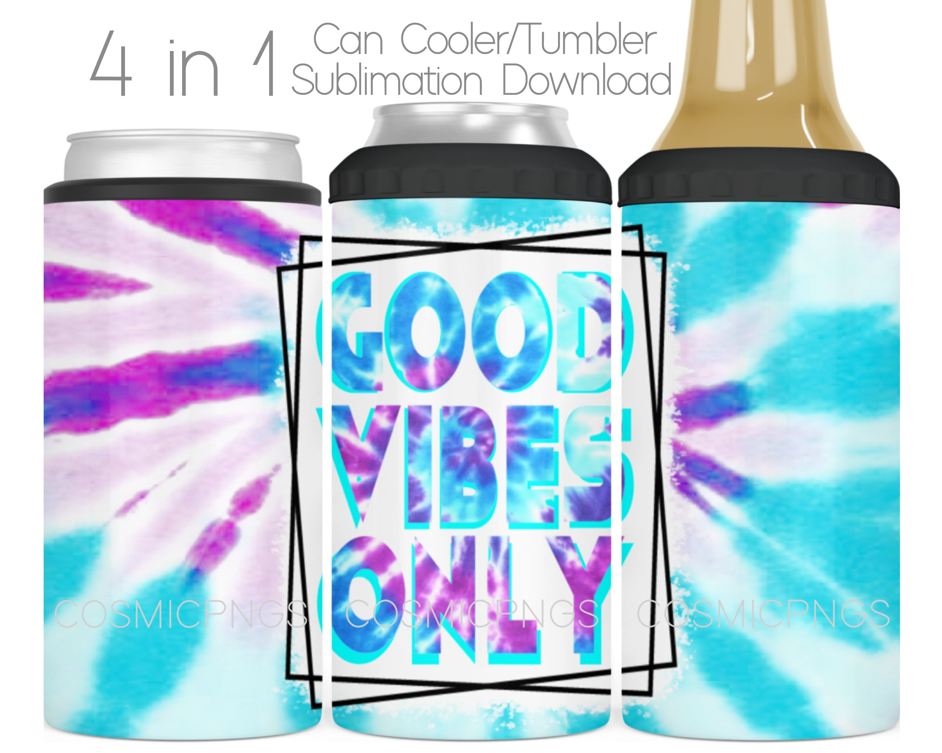 Summer 4 in 1 Can Cooler Sublimation Wrap Design PNG Good Vibes Only 4 in 1  Cooler Tumbler Cup Digital Download File 4in1 Full Wrap 