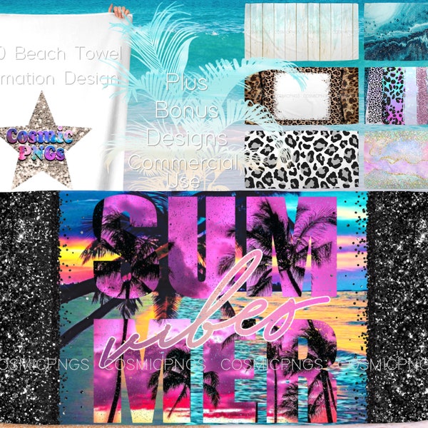 Summer 30x60 Beach Towel Design Sublimation File Beach Design Instant Digital Download for Commercial Use and Pod 6 Bonus Designs Included