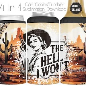 Sassy Western 4 in 1 Can Cooler Sublimation Wrap Design PNG The Hell I Won't Leopard Cowhide 4 in 1 Cooler Tumbler Cup Country Music Wrap