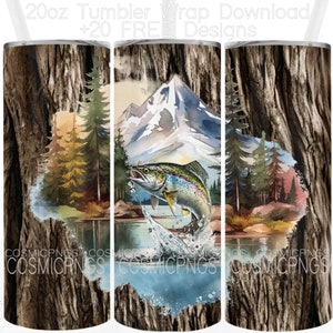 Envoltura para vaso de trucha de 20 oz, diseño de pesca delgada, sublimación de vaso, diseño de pescador escénico, descarga PNG para uso comercial