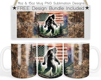 May include: White ceramic mug featuring a Bigfoot design with an American flag backdrop and forest elements. The mug has a wraparound design with the text "COSMICMICPNGS" and "FREE Design Bundle Included". The mug is designed for 11oz and 15oz sublimation designs.