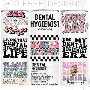 Envoltura para vaso de 20 oz para estudiantes de higiene dental, diseño PNG divertido de sublimación para higienista dental retro, descarga digital, regalos de graduación de la facultad de odontología.