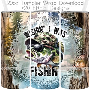 Vissen Tumbler Wrap 20oz Skinny Design Sublimatie Bass Fisherman Design Tumbler PNG Ik wou dat ik aan het vissen was citaat digitale download