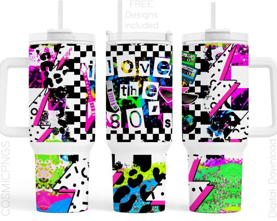 80s Tumbler Wrap PNG: Neon Design, 40oz Sublimation (Digital Download)