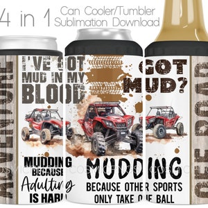 Puede incluir: Un conjunto de cuatro enfriadores de latas y vasos con diseños de vehículos todoterreno. Los enfriadores presentan textos como "Tengo barro en la sangre" y "¿Tienes barro?" con imágenes de vehículos todoterreno rojos. El diseño incluye salpicaduras de barro y huellas de neumáticos.
