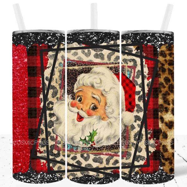 Leopard Vintage Santa Claus Tumbler Design with glitter wrap PNG 20oz skinny tumbler design sublimation download straight Christmas Wrap