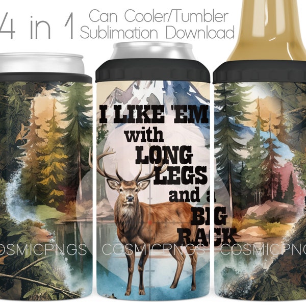 Buck Hunting Camo 4 in 1 Can Cooler Sublimation Wrap PNG Long Legs and Big Racks Cooler Tumbler Cup Wrap Sublimation Design Digital Download