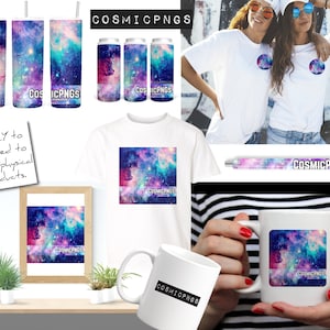 May include: A collection of products featuring a vibrant galaxy design in shades of blue, purple, and pink. Items include tumblers, can coolers, a t-shirt, a framed print, a pen, and a mug. The text "COSMICPNGS" is visible on several items. The image also includes the text "ONLY to be used to make physical products."