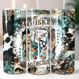 Gobelet country western sublimation png 20 oz skinny whisky et cowbys citation gobelet en téléchargement numérique cuir de vachette et design turquoise