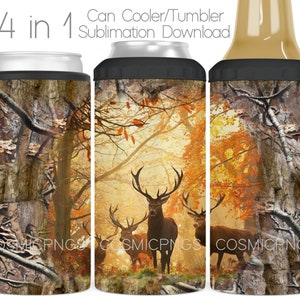 Cooler para latas Buck Hunting Camo 4 em 1, envoltório de sublimação, camuflagem PNG, design de sublimação para refrigerador 4 em 1, copo, envoltório completo, download digital