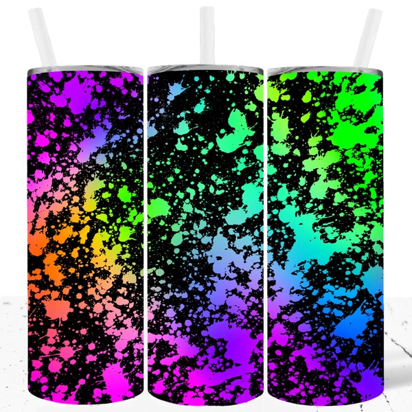 Neon Tumbler Wrap 20oz Skinny Design Sublimation Neon Paint Splatter Tumbler Power Wash Design Wrap Download Png Neon Rainbow Commercial Use