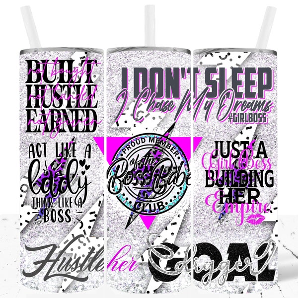 Glitter Boss Babe Tumbler Wrap PNG 20oz Skinny tumbler Sublimation waterslide Girl Boss Wrap Download like a Boss Hustle Her Commercial