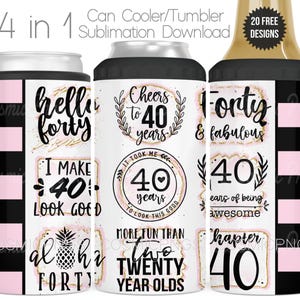 40e anniversaire 4 en 1 canette isotherme pour sublimation PNG Hello Forty chapitre 40 citations Cooler Tumbler Cup Wrap Design téléchargement numérique