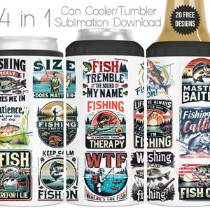 Enfriador de latas 4 en 1 para pesca, envoltura de sublimación PNG, citas divertidas de pesca, enfriador de botellas, vaso, taza, diseño de envoltura completa, descarga digital, pescador