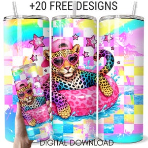 May include: A cylindrical tumbler featuring a leopard wearing a pink baseball cap and heart-shaped sunglasses, floating in a pink inner tube. The background displays a colorful checkered pattern with pink stars and palm leaves. Text reads +20 FREE DESIGNS.