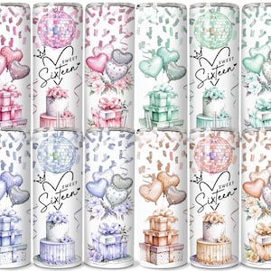 May include: A collection of 20 oz tumbler wraps with a "Sweet Sixteen" theme. Each tumbler features a disco ball, heart-shaped balloons, a cake, and wrapped gifts in various pastel colors. The design includes confetti and floral accents.