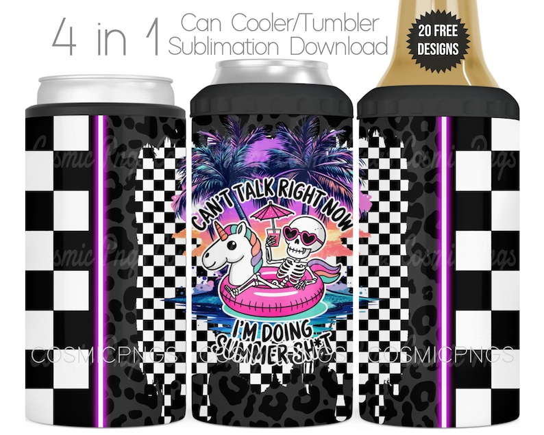 Funny Summer 4 in 1 Can Cooler Sublimation Wrap Design PNG Retro Summertime Quote Cooler Tumbler Digital Download Skeleton In a Unicorn Floaty Can't Im Busy Doing Summer Sh*t With Leoaprd and Checkered background.