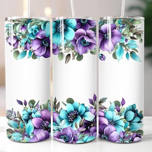 Floral Tumbler Wrap: Teal & Purple Flowers, 20oz Skinny Tumbler (PNG Digital Download)