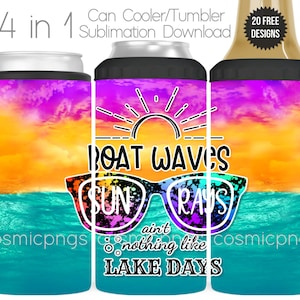 Lake Days 4 in 1 Dosenkühler Sublimationsverpackung Design PNG Boot Wellen 4 in 1 Kühler Tumbler Cup Digitaler Download Datei Sonnenstrahlen 4in1 Full Wrap