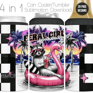 Puede incluir: Un conjunto de cuatro enfriadores de latas y vasos con temática de verano. Uno presenta un mapache con gafas de sol en un flotador de flamenco, el texto "FERAL GIRL SUMMER" y palmeras. Los otros tienen un patrón de cuadros en blanco y negro y el texto "20 FREE DESIGNS".