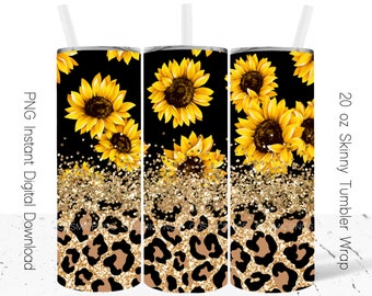 Sunflower Leopard Tumbler Wrap Sublimation 20oz Skinny Tumbler Wrap Templates Glitter Leopard Sunflower Print Tumbler Design PNG